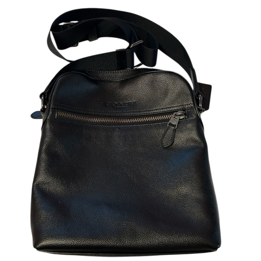 Coach Houston Black Leather Flight Bag with Adjustable Canvas Strap f68014